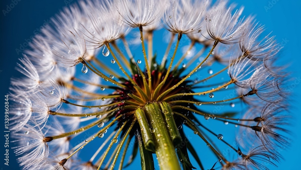 Obraz premium isolated macro dandelion displaying water droplets in natural beauty.