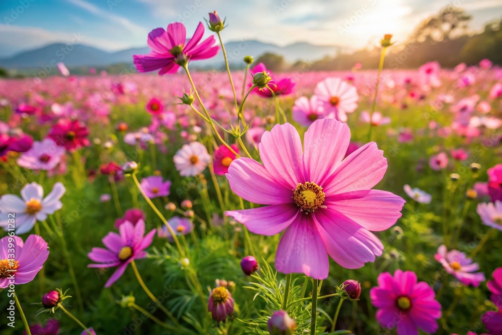 Aerial View of Vibrant Pink Cosmos Flowers Blooming in Summer Field Aerial View of Vibrant Pink Cosmos Flowers Blooming in Summer Field