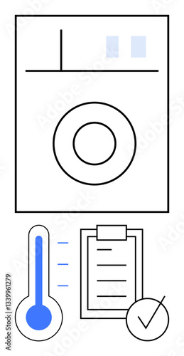 Washer with circular control panel, thermometer indicating temperature levels, checklist with a check mark. Ideal for household tasks, appliances, laundry management, organization, temperature