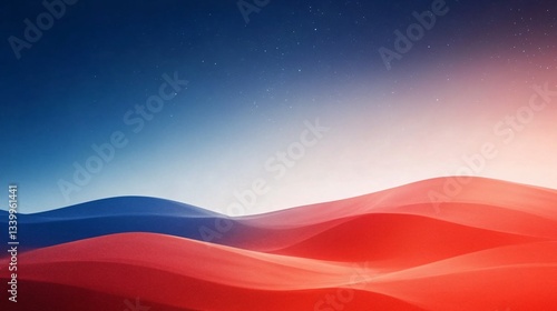 Abstract Landscape with Red and Blue Waves against Starry Sky