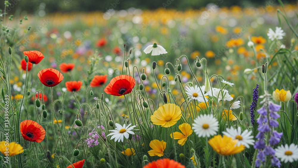 Naklejka premium Stunning wildflower field with red poppies yellow daisies and white blossoms blooming in lush green grass colorful floral meadow filled with natural beauty and peaceful scenery in spring