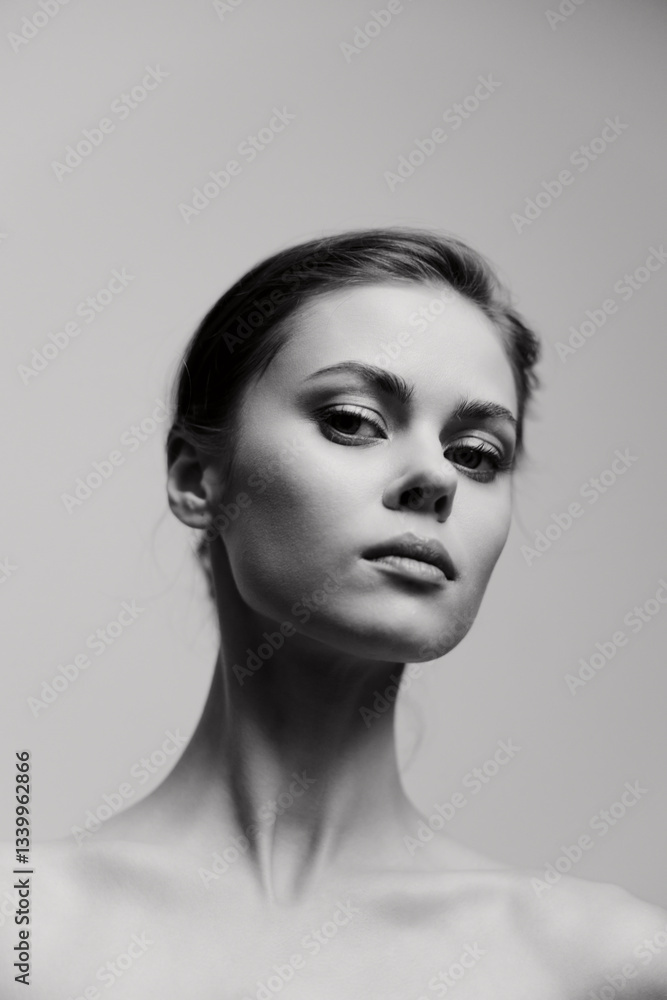 Naklejka premium Elegant young woman with a confident expression, captured in a minimalist black and white portrait. Beauty and fashion concept with soft lighting.