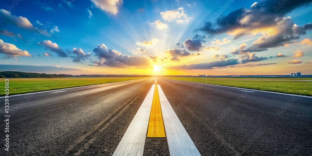 Naklejka premium Airport Runway Asphalt Stripes Marking Aerial View, Empty Runway, Flight Transportation Background