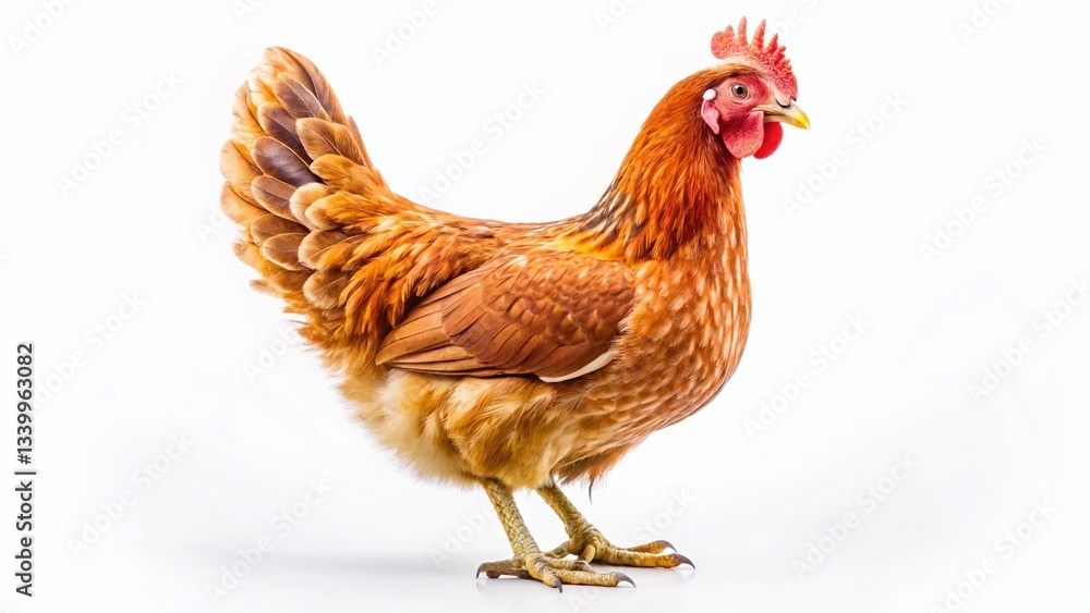 Fototapeta premium Alert Hen, Head Forward, Isolated White Background - Farm Animal Stock Photo