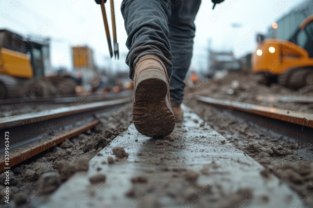 Worker walking along muddy railway tracks at a construction site. Worker walking along muddy railway tracks at a construction site.