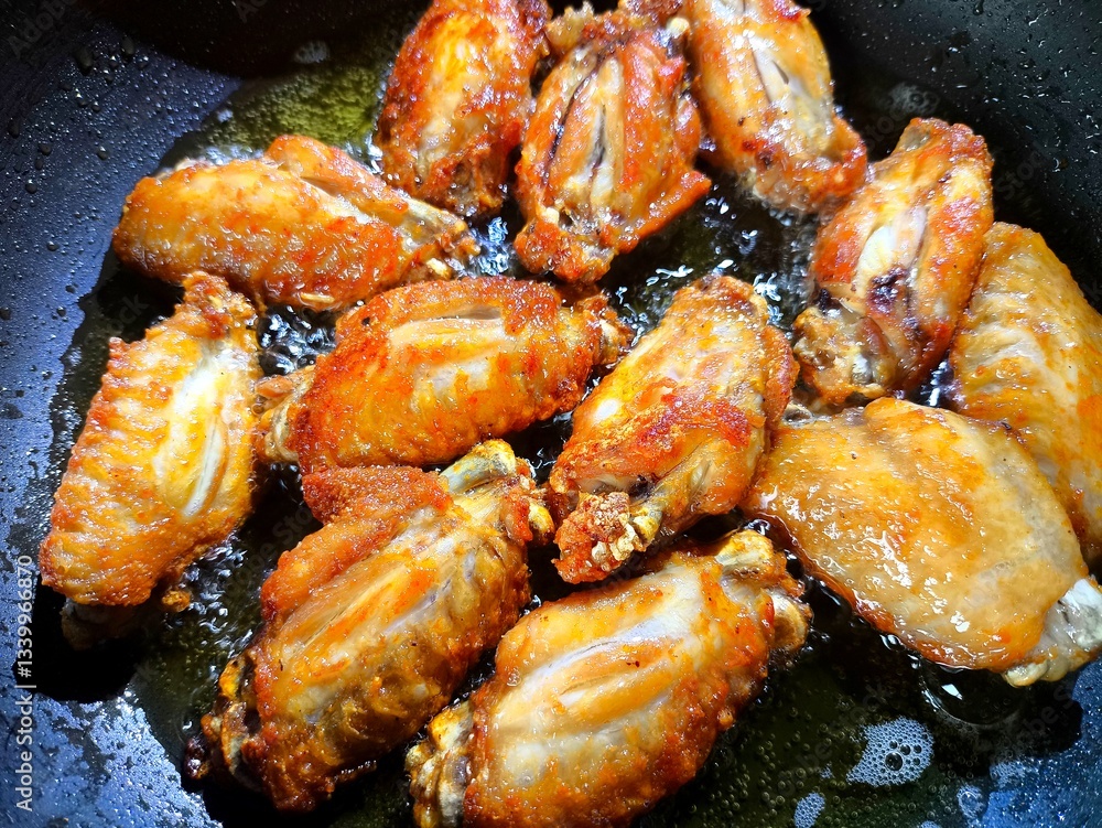 Frying chicken wings in pan, in door Chiangmai Thailand. Frying chicken wings in pan, in door Chiangmai Thailand.