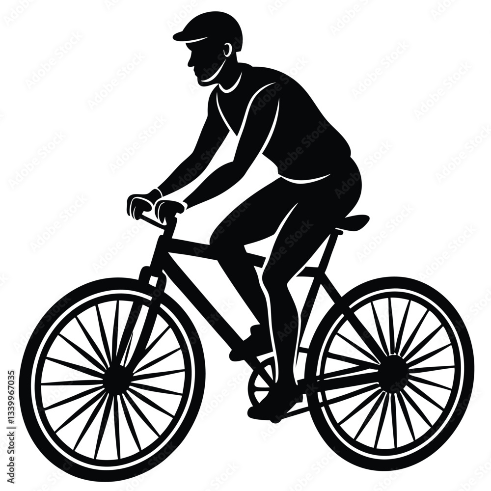 Obraz premium A male bicyclist riding a bicycle isolated against white background silhouette vector illustration. Sportsman in race. Giro, tour, competition. Man riding bicycle. Boy on bike. Biker outdoor race