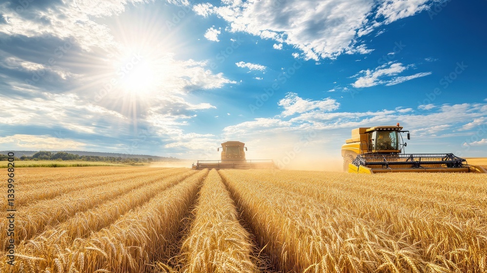 Fototapeta premium Harvesting golden wheat field with modern combine under sunny sky at summertime