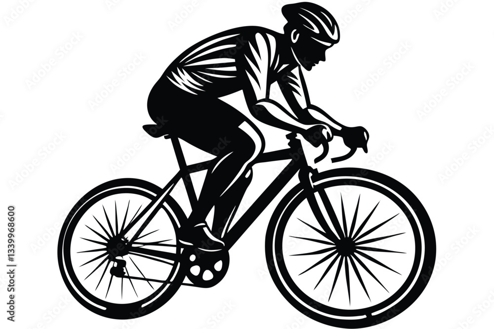 A black and white image of a man riding a bike with a black silhouette on it A black and white image of a man riding a bike with a black silhouette on it