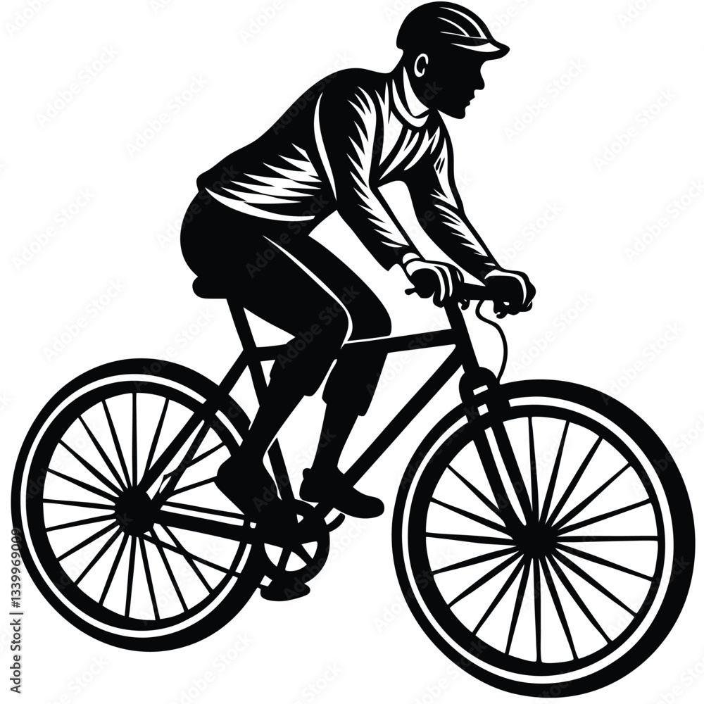 A black and white image of a man riding a bike with a black silhouette on it A black and white image of a man riding a bike with a black silhouette on it