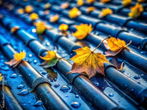 Autumn Rain: Blue Roof Tiles with Yellow Leaves - Urban Exploration Stock Photo