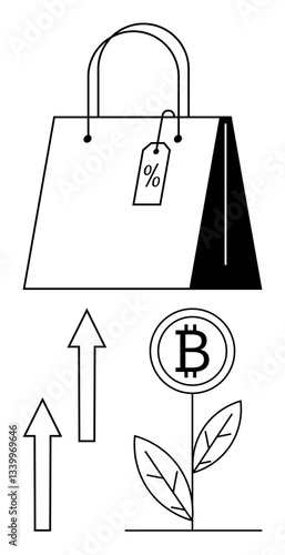 Shopping bag with percent tag symbolizes deals or discounts. Arrows represent growth or upward trends. Bitcoin symbol atop growing plant conveys cryptocurrency investment growth. Ideal for finance