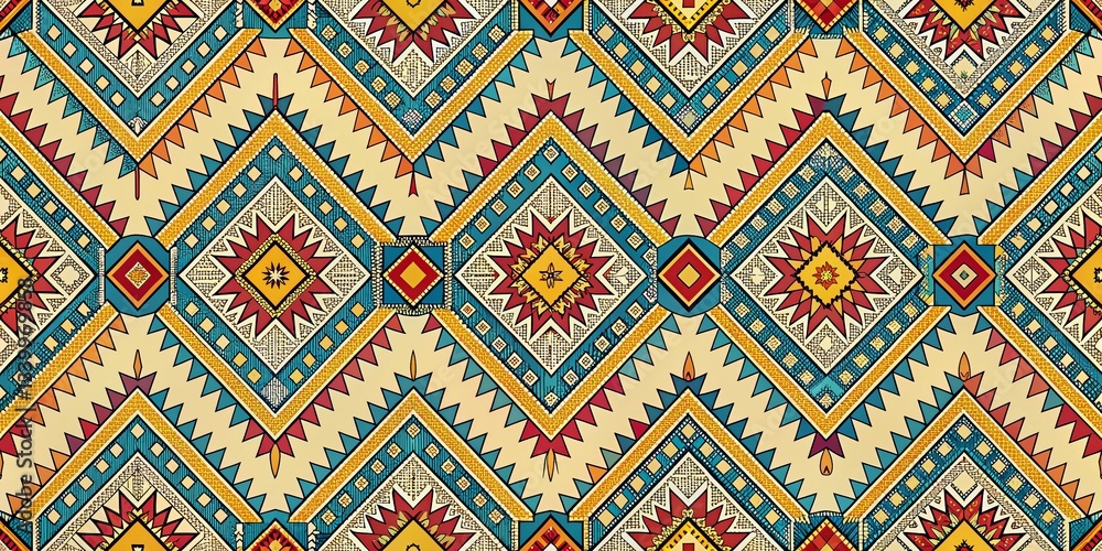 Aztec Tribal Geometric Pattern, Colorful Symmetrical Designs, Yellow & Off-White Background Aztec Tribal Geometric Pattern, Colorful Symmetrical Designs, Yellow & Off-White Background