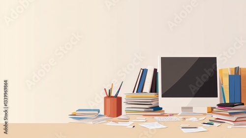 Wallpaper Mural A Messy Workspace:  A Computer Screen, Stacked Books, and Papers on a Desk Torontodigital.ca