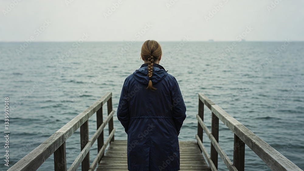 Thoughtful woman standing on a pier, contemplating the vastness of the ocean. Thoughtful woman standing on a pier, contemplating the vastness of the ocean.