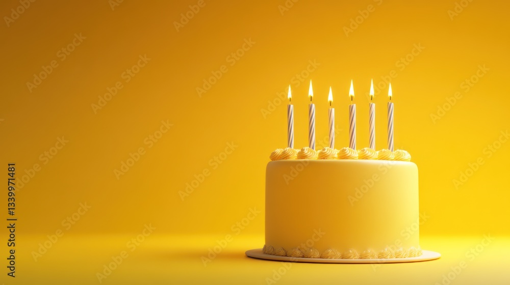 A Delightful Yellow Birthday Cake with Lit Candles on a matching background
