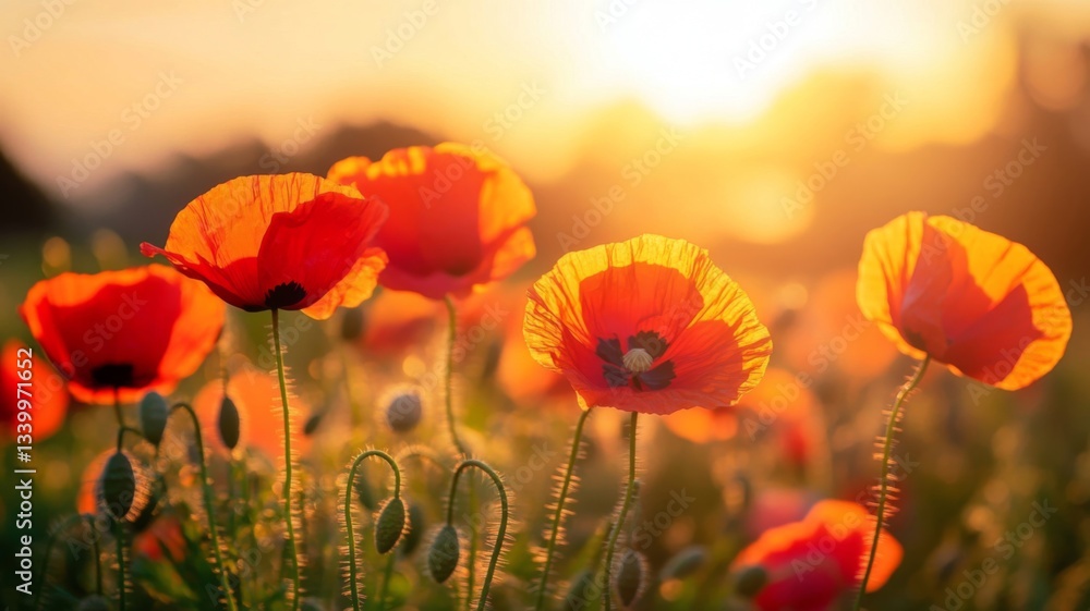 Fototapeta premium Red Poppies Bask in Golden Sunset Light