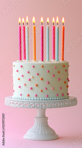 Pastel birthday cake adorned with colorful candy dots and topped with nine tall, lit candles in pink, orange, and blue served on a vintage white stand against a soft pink background.