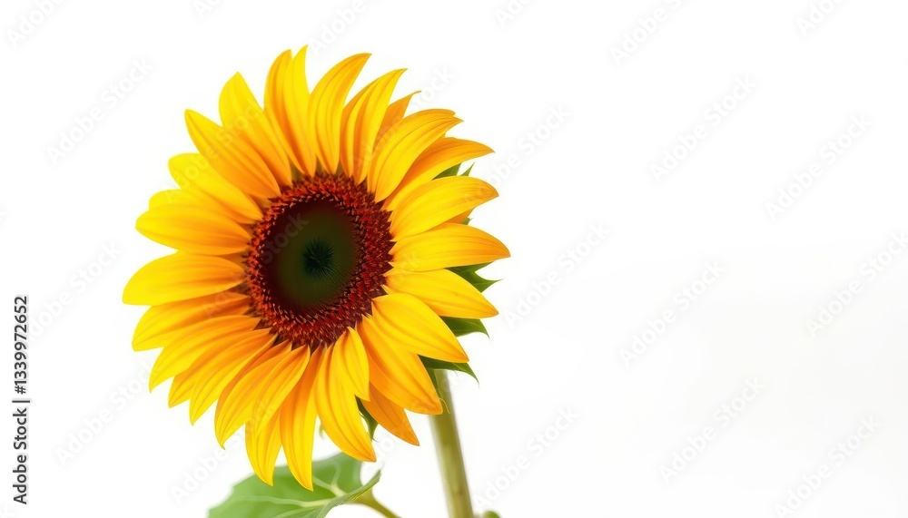 Fototapeta premium A single vibrant sunflower blooms against a pure white background, summer, element