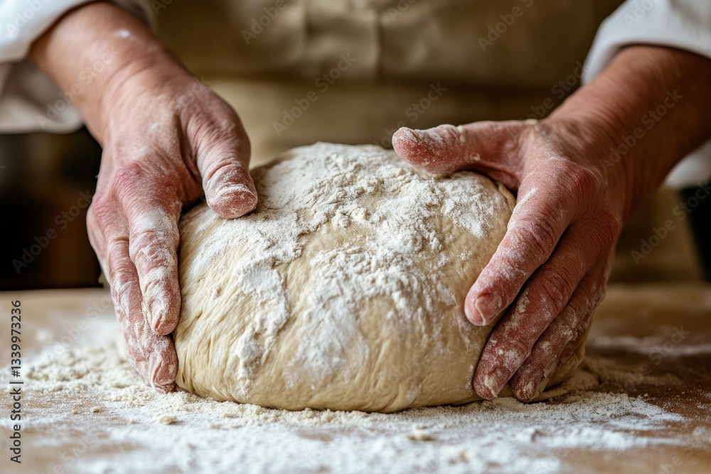 Close up of baker kneading dough with flour on a floured wooden surface. Showcase baking, cooking, food preparation, and artisanal bread concepts.