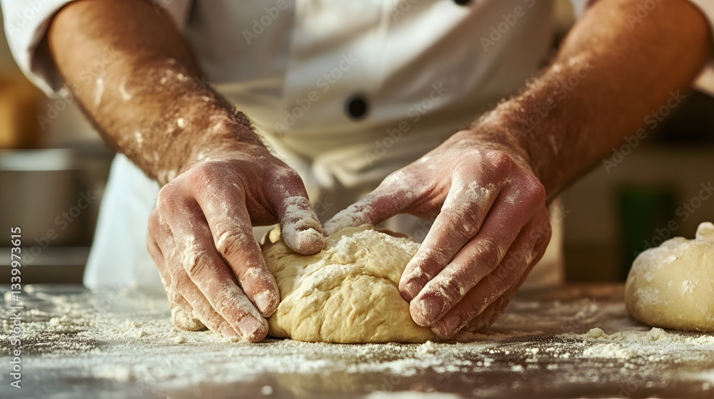 Chef kneading dough on a floured surface.
Chef kneading dough on a floured surface.