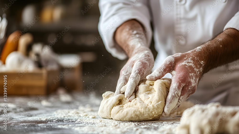 Chef kneading dough on a floured surface.
Chef kneading dough on a floured surface.