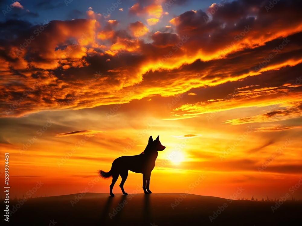 Fototapeta premium Black Silhouette of Barking Dog at Sunset, Aerial View