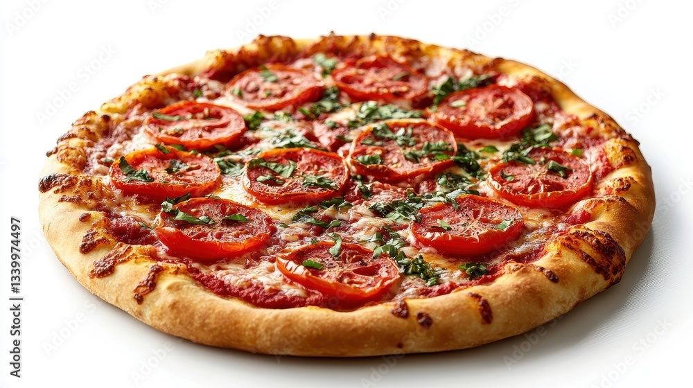 Delicious round pizza with tomato, basil, and mozzarella toppings on white. Great for food blogs, menus, and restaurant promotions online. Delicious round pizza with tomato, basil, and mozzarella toppings on white. Great for food blogs, menus, and restaurant promotions online.