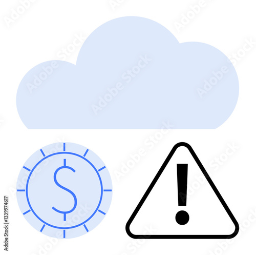 Cloud icon paired with a coin symbol for finance and a caution triangle for risk. Ideal for technology, finance, data security, innovation, online services, investment, strategy. Flat simple metaphor