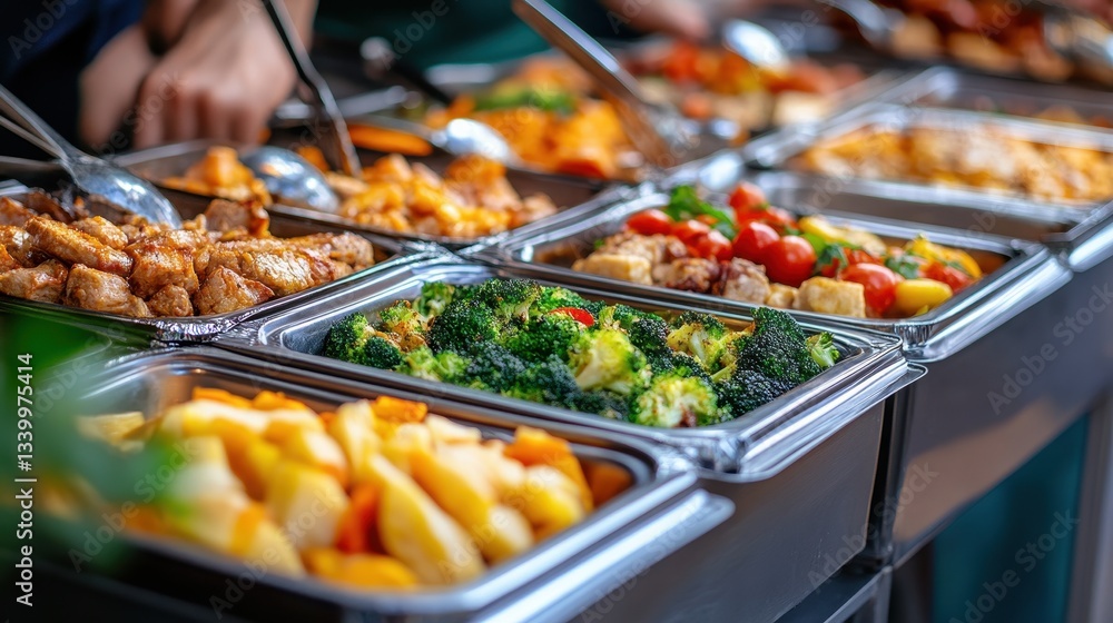 Buffet line with different food in metal trays. Perfect for restaurant menu, catering services, or event promotion. Buffet line with different food in metal trays. Perfect for restaurant menu, catering services, or event promotion.