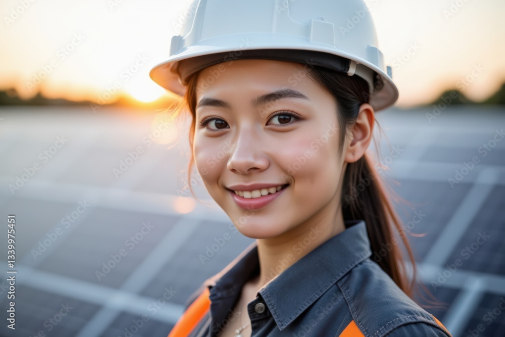 Young Asian Female Engineer Smiling in Front of Solar Panels During Sunset, Showcasing Renewable Energy Solutions and Sustainable Development Young Asian Female Engineer Smiling in Front of Solar Panels During Sunset, Showcasing Renewable Energy Solutions and Sustainable Development