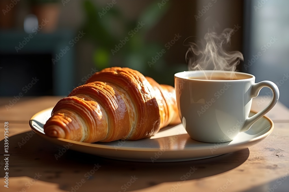 Freshly Baked Croissant and Steaming Coffee on Rustic Wooden Table Freshly Baked Croissant and Steaming Coffee on Rustic Wooden Table