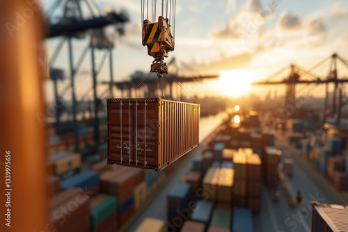 Crane is lifting a cargo container in a busy port at sunset, symbolizing international trade, tariffs, and the complex global supply chain, with potential impacts on import and export activities