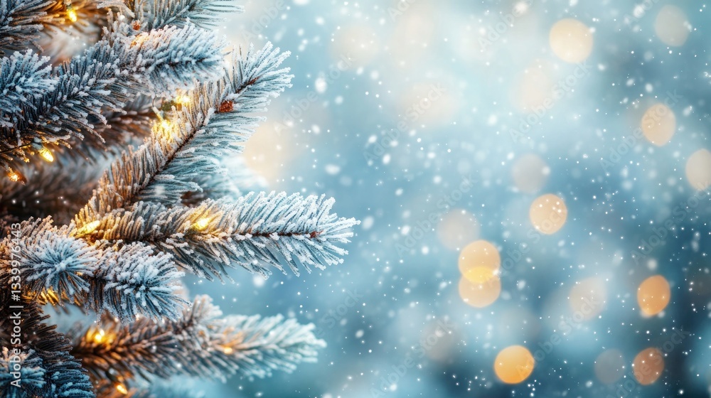 Winter Wonderland, Frosty Christmas Tree Glows with Festive Lights Winter Wonderland, Frosty Christmas Tree Glows with Festive Lights