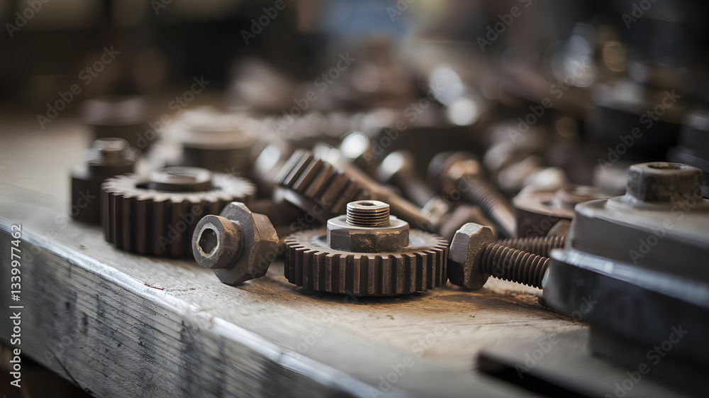 Naklejka premium Rusty metal gears and bolts scattered on a wooden workbench, symbolizing mechanical wear and repair, industrial maintenance, and vintage machinery concepts.