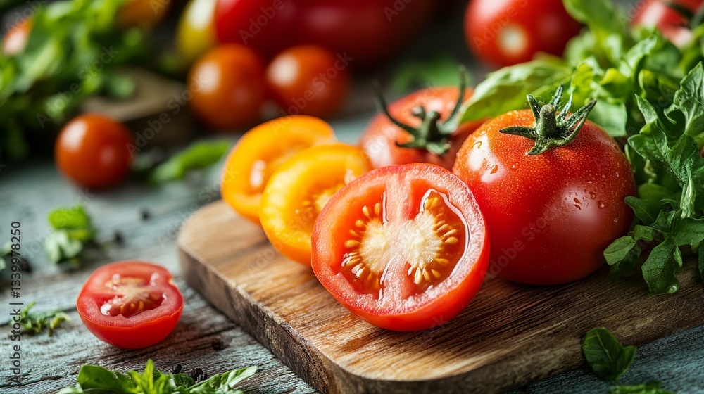 Fresh Ripe Red Tomatoes on Wooden Board Rustic Kitchen Still Life Photography Healthy Food Vegetables Diet Cooking Ingredients Natural Organic Produce Fresh Ripe Red Tomatoes on Wooden Board Rustic Kitchen Still Life Photography Healthy Food Vegetables Diet Cooking Ingredients Natural Organic Produce