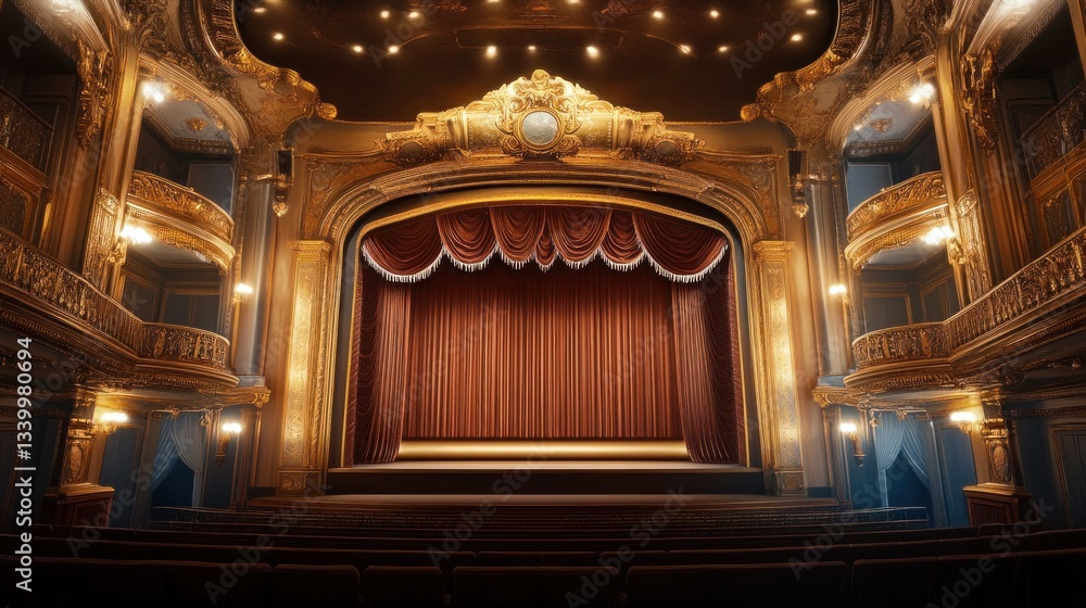 Fototapeta premium Grand theater interior with ornate gold detailing and stage curtains