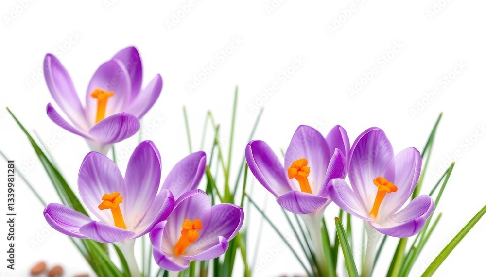 Delicate purple crocus blossoms, vibrant petals, isolated on pure white background, closeup, macro photography Delicate purple crocus blossoms, vibrant petals, isolated on pure white background, closeup, macro photography