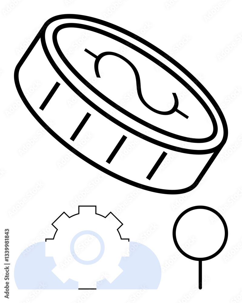 Coin with dollar imprint, gear representing industry, and a location pin. Ideal for finance, innovation, commerce, economy, process management logistics location. Flat simple metaphor Coin with dollar imprint, gear representing industry, and a location pin. Ideal for finance, innovation, commerce, economy, process management logistics location. Flat simple metaphor