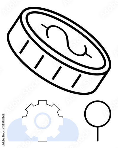 Coin with dollar imprint, gear representing industry, and a location pin. Ideal for finance, innovation, commerce, economy, process management logistics location. Flat simple metaphor