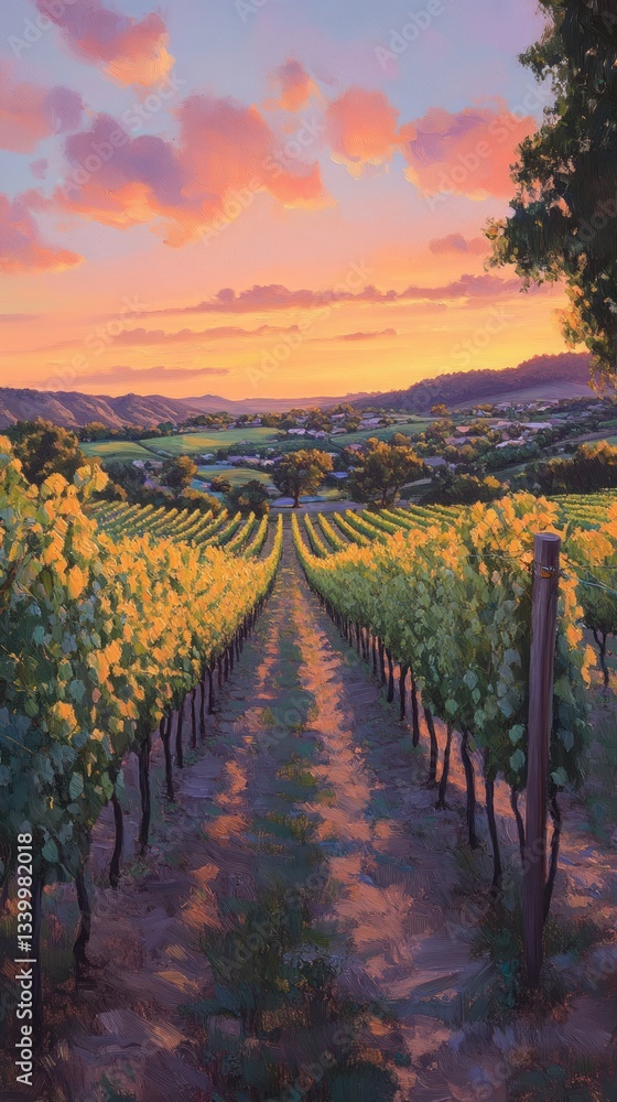 Fototapeta premium Vineyard vista at sunset, A picturesque scene in tranquil wine country