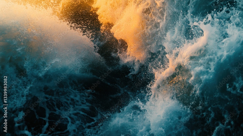 Fototapeta premium Oceanic turbulence with sunlight creating golden hues on frothy surf