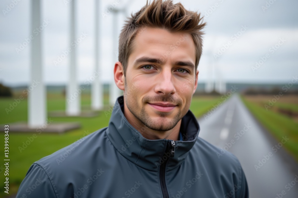 Naklejka premium Portrait of a Young Caucasian Male in a Gray Jacket Standing in Front of Wind Turbines on a Cloudy Day in a Rural Landscape