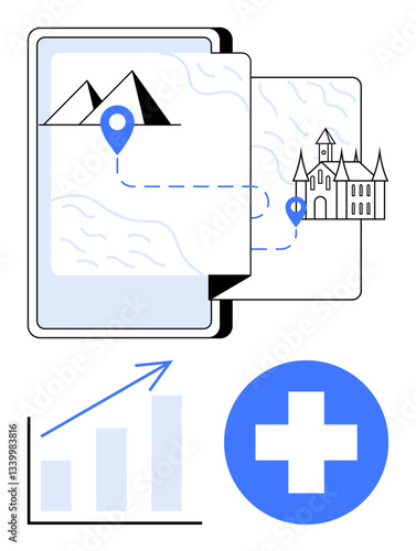 Open digital map with location path linking mountains to a building, growth chart with arrow, and healthcare cross icon. Ideal for location tracking, travel, healthcare, growth, navigation