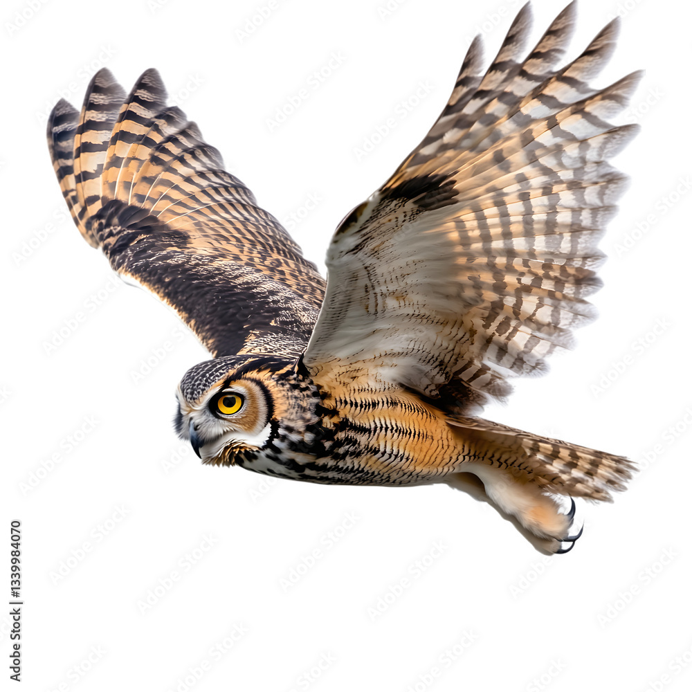 Owl in flight on clear transparent background cut out Owl in flight on clear transparent background cut out