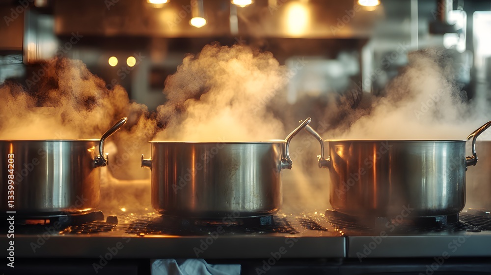 Industrial soup station with multiple large pots. Industrial soup station with multiple large pots.