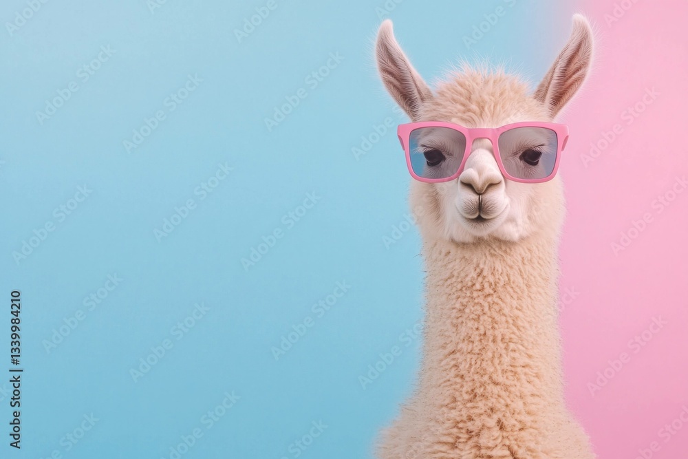 Fototapeta premium Playful llama wearing pink sunglasses against a pastel blue and pink background, ideal for social media, animal lovers, and creative projects