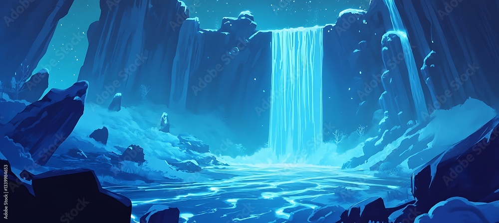 Naklejka premium Cyan Neon Waterfalls Cascading Over Jagged Cliffs Into A Glowing River With A Stunning Background.