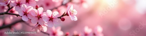 Delicate pink blossoms frame a blooming tree, soft spring light , flora, border, springtime