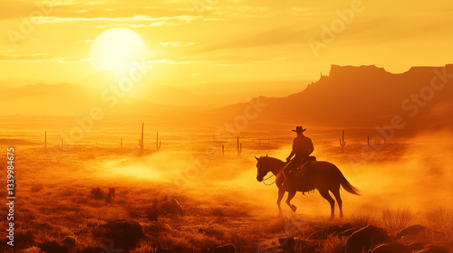 A lone cowboy riding through a vast desert at sunrise, the golden sun casting long shadows as dust rises from the horse’s hooves.